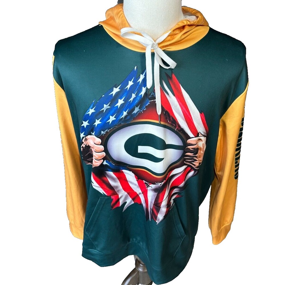 Green Bay Packers NFL Hoodie Mens American Flag Graphic Pullover Sweatshirt Med